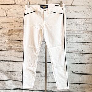 White Lucky Jeans with black piping down the legs